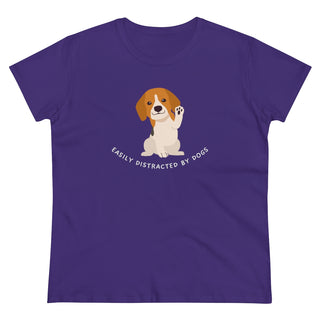 Easily Distracted Women's Midweight Cotton Tee in Team Purple. Shown is front design featuring a dog waving with the saying "Easily Distracted by Dogs" below it. The back of shirt has the classic Benefit Beagle Logo