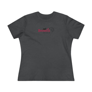 Meow Women's Premium Tee in Asphalt. Shown is front of shirt with the Benefit Beagle Logo featuring a peeping cat. The back showcases a wide eyed black cartoon cat with the phrase "Chatty Cat" above it.