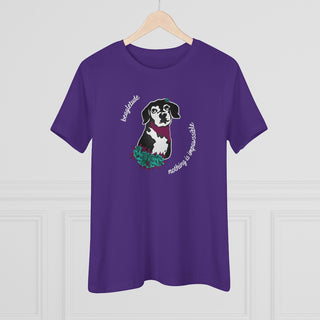 Signature Tattoo Roses Women's Premium Tee in Purple. Shown is front of shirt with the Signature Tattoo Roses design featuring a dog with roses around it and the phrase "Beagletude" and "Nothing is Impawssible". Back of shirt features the Benefit Beagle Logo.