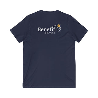 You are my Sunshine Unisex V-Neck Tee in Navy. Shown is back of shirt featuring the Sunflower Benefit Beagle Logo. The front showcases a sunflower which is split down the middle and half is made out of paw prints. Underneath is the phrase "You are my Sunshine".