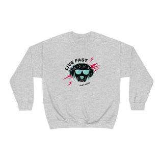 Play Hard Unisex Heavy Blend Crewneck Sweatshirt in Ash. The design features a cool dog with sunglasses and lightening bolts around it. The phrase "Live Fast, Play Hard" is around the design.