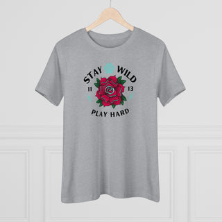 Stay Wild Women's Premium Tee in Athletic Heather. Shown is front of Stay Wild Design features a tattoo style rose with the phrase "Stay Wild, Play Hard" around it. The back of shirt features the Stay Wild Benefit Beagle Logo Design.