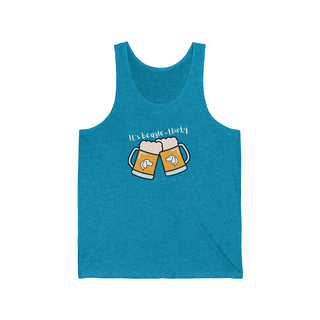 Beagle-Thirty Mugs Unisex Jersey Tank in Aqua Triblend. The front of shirt showcases Two Dog Adorned Mugs clinking with the saying, "It's Beagle-Thirty" above it. Back of shirt features corresponding Benefit Beagle Logo.