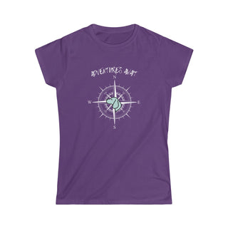 Adventures Await Women's Softstyle Tee in Purple. The front of shirt features the Adventures Await design with a dog inside a nautical compass and the words "Adventures Await" above it. The back of the shirt has similar Benefit Beagle Logo.