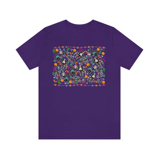 Dia De Los Muertos Unisex Jersey Short Sleeve Tee Shirt in Team Purple. Shown is the front of shirt featuring print of dogs and cats with Dia de los Muertos traditional decorations. On the back is a similar Benefit Beagle Logo.