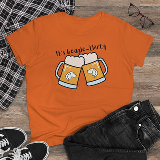 Beagle-Thirty Mugs Women's Midweight Cotton Tee in Orange. The front of shirt showcases Two Dog Adorned Mugs clinking with the saying, "It's Beagle-Thirty" above it. Back of shirt features corresponding Benefit Beagle Logo.