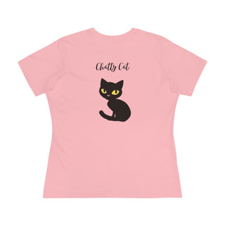 Meow Women's Premium Tee in Pink. Shown is back showcasing a wide eyed black cartoon cat with the phrase "Chatty Cat" above it. On front of shirt is the Benefit Beagle Logo featuring a peeping cat.