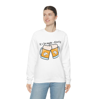 Beagle-Thirty Mugs Unisex Heavy Blend Crewneck Sweatshirt in White. The front of shirt showcases Two Dog Adorned Mugs clinking with the saying, "It's Beagle-Thirty" above it. Back of shirt features corresponding Benefit Beagle Logo.