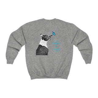 Lincoln Butterfly Unisex Crewneck Sweatshirt in Sport Grey. Shown is back of shirt design showcasing profile of a dog with a blue butterfly on its nose and the phrase "Kindness is Strength" next to it. The front of shirt has Benefit Beagle Logo kissed by a Butterfly.