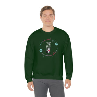 Dog Hair is my Glitter Unisex Crewneck in Forest Green. The Dog Hair is my Glitter design features a dog with the phrase "Dog Hair is my Glitter" above it and it is surrounded by a circle with paw prints.