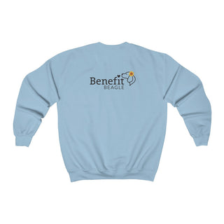 You are my Sunshine Unisex Crewneck Sweatshirt in Light Blue. Shown is back of shirt featuring the Sunflower Benefit Beagle Logo. The front showcases a sunflower which is split down the middle and half is made out of paw prints. Underneath is the phrase "You are my Sunshine".