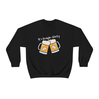 Beagle-Thirty Mugs Unisex Heavy Blend Crewneck Sweatshirt in Black. The front of shirt showcases Two Dog Adorned Mugs clinking with the saying, "It's Beagle-Thirty" above it. Back of shirt features corresponding Benefit Beagle Logo.