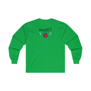 Stay Wild Ultra Cotton Long Sleeve Tee in Irish Green.   Shown is the back of shirt with Benefit Beagle Logo complete with Tattoo Rose. On front of shirt is Stay Wild Design featuring a tattoo style rose with the phrase "Stay Wild, Play Hard" around it.