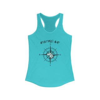 Adventures Await Women's Racerback Tank in Tahiti Blue. The front of shirt features the Adventures Await design with a dog inside a nautical compass and the words "Adventures Await" above it. The back of the shirt has similar Benefit Beagle Logo.