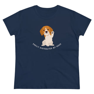 Easily Distracted Women's Midweight Cotton Tee in Team Navy. Shown is front design featuring a dog waving with the saying "Easily Distracted by Dogs" below it. The back of shirt has the classic Benefit Beagle Logo.