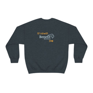 Beagle-Thirty Mugs Unisex Heavy Blend Crewneck Sweatshirt in Dark Heather. Shown is back of shirt featuring "Beagle-Thirty" Benefit Beagle Logo. The front Showcases Two Dog Adorned Mugs clinking with, "It's Beagle- Thirty" written above it.