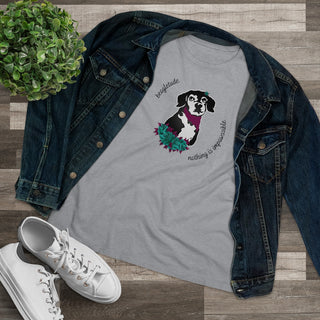 Signature Tattoo Roses Women's Premium Tee in Athletic Heather. Shown is front of shirt with the Signature Tattoo Roses design featuring a dog with roses around it and the phrase "Beagletude" and "Nothing is Impawssible". Back of shirt features the Benefit Beagle Logo.