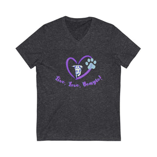 Live, Love, Beagle Unisex V-Neck Tee in Dark Grey Heather. The Live, Love, Beagle design features a dog running through a heart with the phrase "Live, Love, Beagle!" under it.