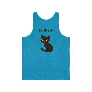 Meow Unisex Jersey Tank in Heather True Royal. Shown is back showcasing a wide eyed black cartoon cat with the phrase "Chatty Cat" above it. On front of shirt is the Benefit Beagle Logo featuring a peeping cat.