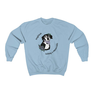 Signature Tattoo Flowers Crewneck Sweatshirt in Light Blue. Shown is front of shirt with the Signature Tattoo Flowers design featuring a dog with flowers around it and the phrase "Beagletude" and "Nothing is Impawssible". Back of shirt features the Benefit Beagle Logo.