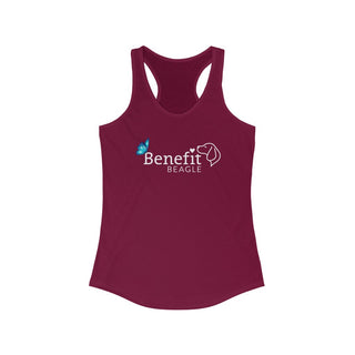 Lincoln Butterfly Women's Ideal Racerback Tank in Cardinal Red. Shown is the front of shirt with Benefit Beagle Logo kissed by butterfly. The back of shirt showcases profile of a dog with a blue butterfly on its nose and the phrase "Kindness is Strength" next to it.