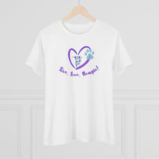 Live, Love, Beagle Women's Premium Tee in White. The Live, Love, Beagle design features a dog running through a heart with the phrase "Live, Love, Beagle!" under it.