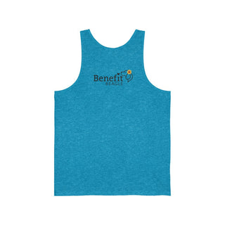 You are my Sunshine Unisex Jersey Tank in Aqua Triblend. Shown is back of shirt featuring the Sunflower Benefit Beagle Logo. The front showcases a sunflower which is split down the middle and half is made out of paw prints. Underneath is the phrase "You are my Sunshine".