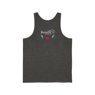 Stay Wild Premium Unisex Tank in Charcoal Black TriBlend. Shown is the back of shirt with Benefit Beagle Logo complete with Tattoo Rose. On front of shirt is Stay Wild Design featuring a tattoo style rose with the phrase "Stay Wild, Play Hard" around it.