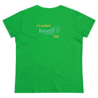 Beagle-Thirty Bottles Women's Midweight Cotton Tee in Irish Green. Shown is back of shirt featuring "Beagle-Thirty" Benefit Beagle Logo. The front Showcases Two Paw Labeled Bottles clinking with, "It's Beagle-Thirty" written next to it.