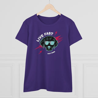 Play Hard Women's Midweight Cotton Tee shirt in Purple. The design features a cool dog with sunglasses and lightening bolts behind it. The phrase "Live Fast, Play Hard" is around the design.