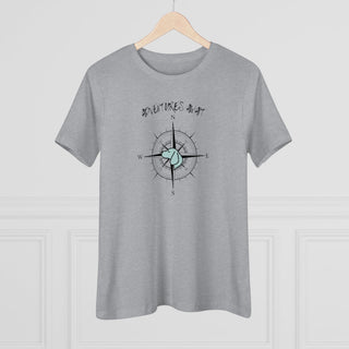 Adventures Await Women's Premium Tee in Athletic Heather. The front of shirt features the Adventures Await design with a dog inside a nautical compass and the words "Adventures Await" above it. The back of the shirt has similar Benefit Beagle Logo.