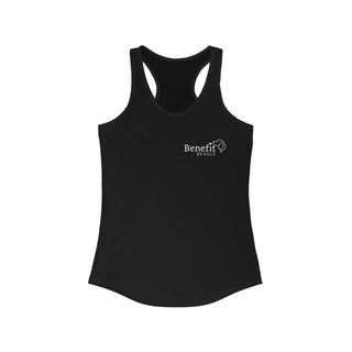 Brightest Star Women's Ideal Racerback Tank in Black. The Brightest Star design features the Benefit Beagle logo in the top corner of the garment.