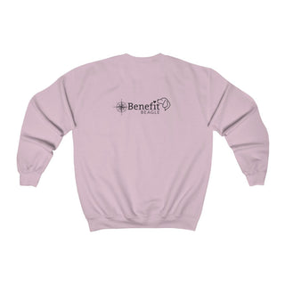 Adventures Await Unisex Crewneck Sweatshirt in Light Pink. Shown is the back of shirt with a Nautical Compass Benefit Beagle Logo. The front of shirt features the Adventures Await design with a dog inside a nautical compass and the words "Adventures Await" above it.