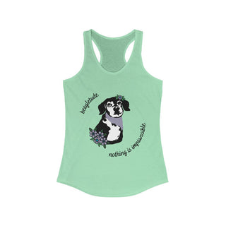 Signature Tattoo Flowers Women's Ideal Racerback Tank in Mint. Shown is front of shirt with the Signature Tattoo Flowers design featuring a dog with flowers around it and the phrase "Beagletude" and "Nothing is Impawssible". Back of shirt features the Benefit Beagle Logo.