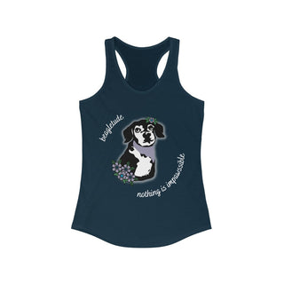 Signature Tattoo Flowers Women's Ideal Racerback Tank in Midnight Blue. Shown is front of shirt with the Signature Tattoo Flowers design featuring a dog with flowers around it and the phrase "Beagletude" and "Nothing is Impawssible". Back of shirt features the Benefit Beagle Logo.