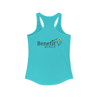 You are my Sunshine Women's Racerback Tank in Tahiti Blue. Shown is back of shirt featuring the Sunflower Benefit Beagle Logo. The front showcases a sunflower which is split down the middle and half is made out of paw prints. Underneath is the phrase "You are my Sunshine".