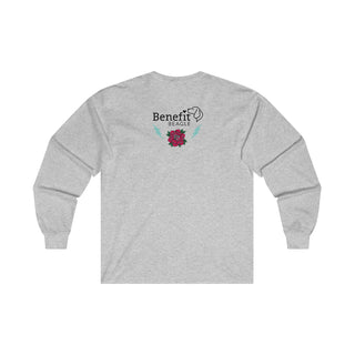 Stay Wild Ultra Cotton Long Sleeve Tee in Ash.   Shown is the back of shirt with Benefit Beagle Logo complete with Tattoo Rose. On front of shirt is Stay Wild Design featuring a tattoo style rose with the phrase "Stay Wild, Play Hard" around it.