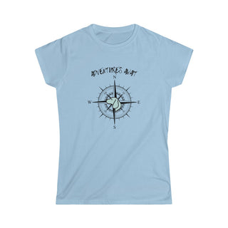 Adventures Await Women's Softstyle Tee in Light Blue. The front of shirt features the Adventures Await design with a dog inside a nautical compass and the words "Adventures Await" above it. The back of the shirt has similar Benefit Beagle Logo.