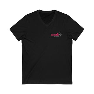 Different Pawspective Unisex V-Neck Tee in Black. Shown is front of shirt with Benefit Beagle logo in the top corner . On the back is large colorful pawprint with the the phrase "Life is all about finding the beauty in a different pawspective" circled around it.