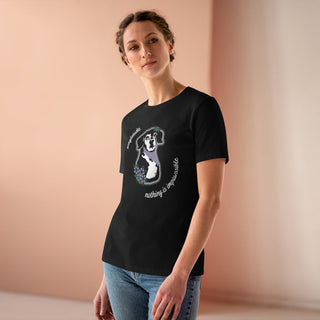 Signature Tattoo Flowers Women's Premium Tee in Black. Shown is front of shirt with the Signature Tattoo Flowers design featuring a dog with flowers around it and the phrase "Beagletude" and "Nothing is Impawssible". Back of shirt features the Benefit Beagle Logo.