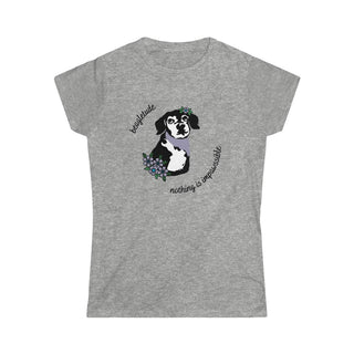 Signature Tattoo Flowers Women's Softstyle Tee in Sport Grey. Shown is front of shirt with the Signature Tattoo Flowers design featuring a dog with flowers around it and the phrase "Beagletude" and "Nothing is Impawssible". Back of shirt features the Benefit Beagle Logo.