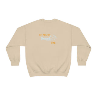 Beagle-Thirty Mugs Unisex Heavy Blend Crewneck Sweatshirt in Sand. Shown is back of shirt featuring "Beagle-Thirty" Benefit Beagle Logo. The front Showcases Two Dog Adorned Mugs clinking with, "It's Beagle- Thirty" written above it.