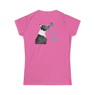 Lincoln Butterfly Women's Softstyle Tee in Azalea. Shown is back of shirt design showcasing profile of a dog with a blue butterfly on its nose and the phrase "Kindness is Strength" next to it. The front of shirt has Benefit Beagle Logo kissed by a Butterfly.