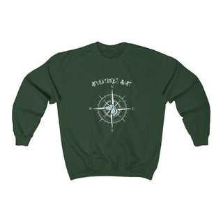 Adventures Await Unisex Crewneck Sweatshirt in Forest Green. The front of shirt features the Adventures Await design with a dog inside a nautical compass and the words "Adventures Await" above it. The back of the shirt has similar Benefit Beagle Logo.