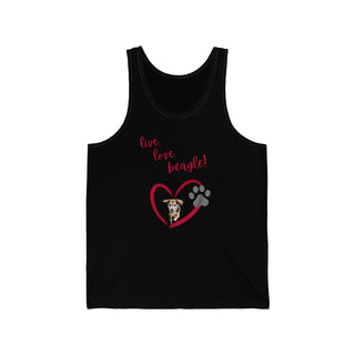 Live, Love, Beagle Unisex Jersey Tank in Black. The Live, Love, Beagle design features a dog running through a heart with the phrase "Live, Love, Beagle!" above it.