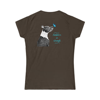 Lincoln Butterfly Women's Softstyle Tee in Dark Chocolate. Shown is back of shirt design showcasing profile of a dog with a blue butterfly on its nose and the phrase "Kindness is Strength" next to it. The front of shirt has Benefit Beagle Logo kissed by a Butterfly.