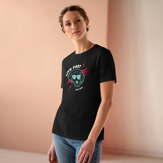 Play Hard Women's Premium Tee Shirt in Black. The design features a cool dog with sunglasses and lightening bolts around it. The phrase "Live Fast, Play Hard" is around the design.