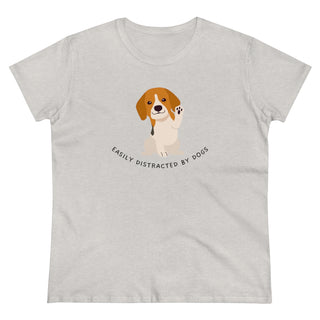 Easily Distracted Women's Midweight Cotton Tee in Team Ash. Shown is front design featuring a dog waving with the saying "Easily Distracted by Dogs" below it. The back of shirt has the classic Benefit Beagle Logo.