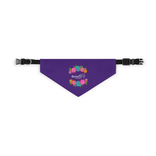 Dia De Los Muertos Dog Collar Bandana in Purple. The Dia De Los Muertos design features the Benefit Beagle logo with flowers surrounding it. Comes with adjustable black collar.