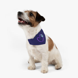 Dog wearing the Live, Love, Beagle Dog Collar Bandana in Navy. The Live, Love, Beagle design features a heart with a paw print. Comes with black adjustable collar.